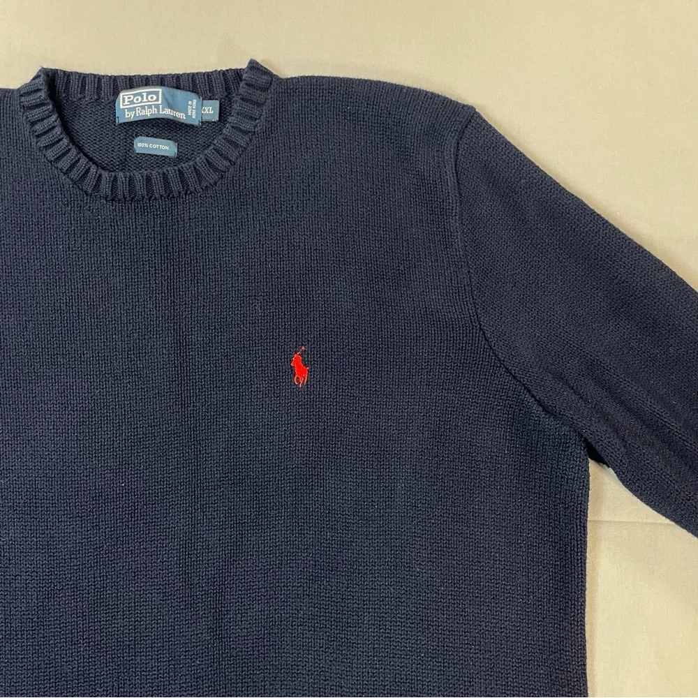 VINTAGE Polo Ralph Lauren 100% Cotton Knit Crewneck Sweater - Navy - Mens XXL